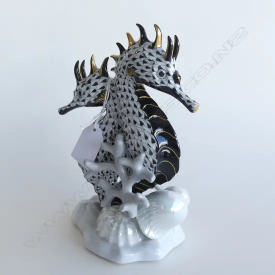 A Herend Porcelain seahorses group, in black 'fishnet' pattern